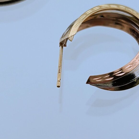 14K Tricolor Gold Semi Hoop Earrings With Diamond-Cut Design - Picture 4 of 8